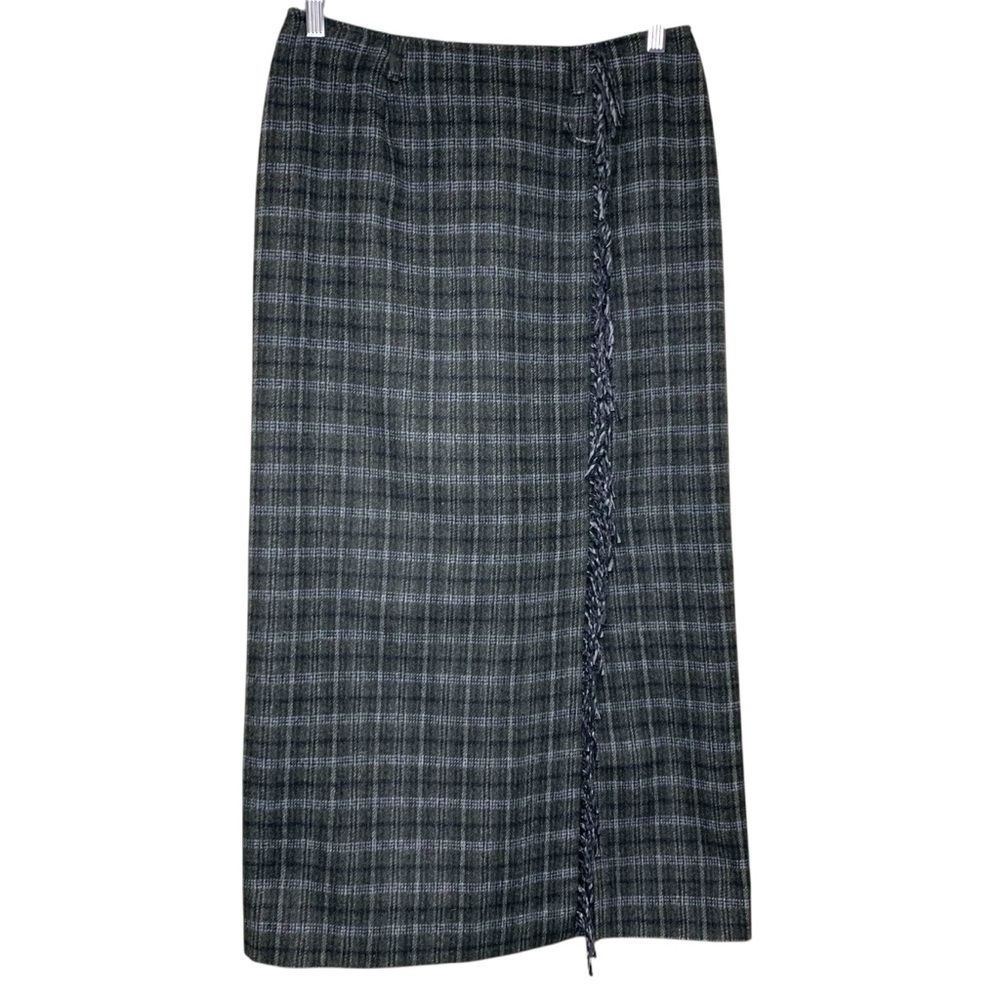 Vintage Plaid Pencil Skirt Gray Wool Blend Sz 11/12 Waist 30 Fringed Front Slit